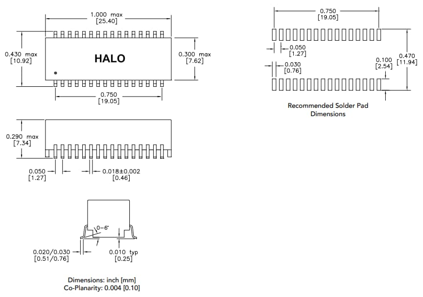 Mechanical Drawing - HALO Electronics T1/E1 Mini-Octal™ Isolation Modules